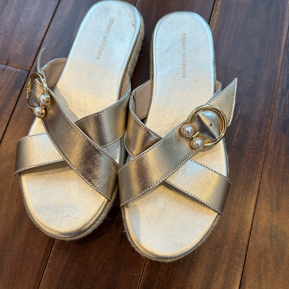 Stuart Weitzman Gold Espadrille Platform Sandals like new size 8 - Picture 1 of 6